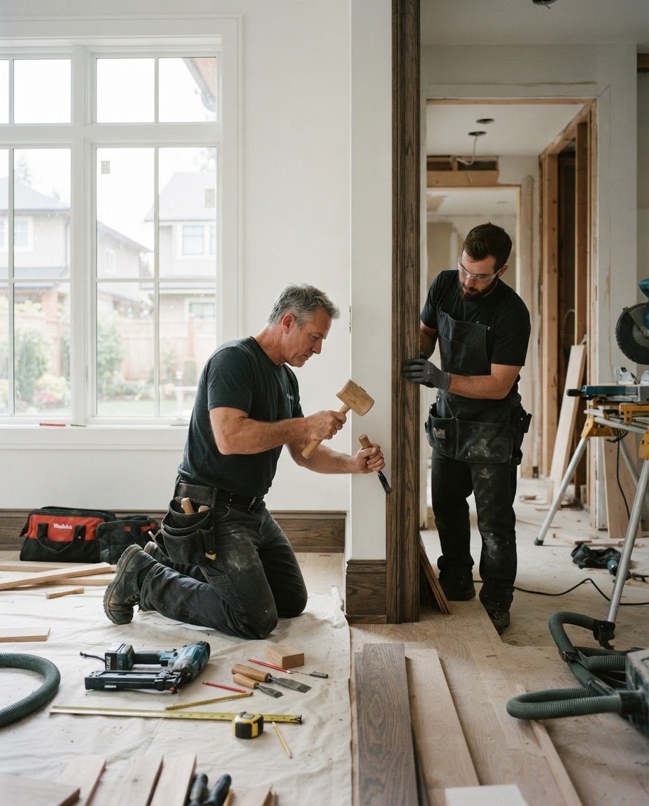 Skilled craftsmen installing custom carpentry trim in a high-end home