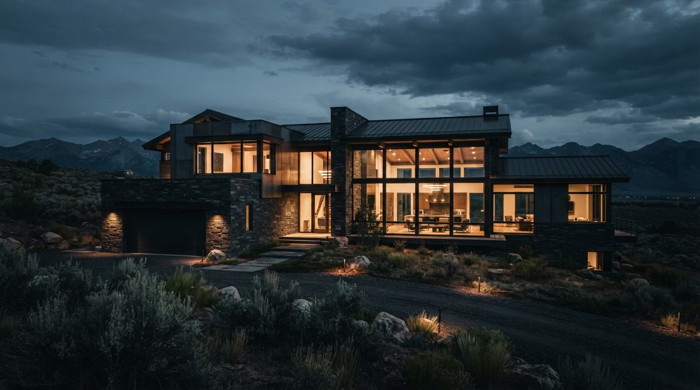 Luxury custom home exterior at dusk in the Nevada high desert